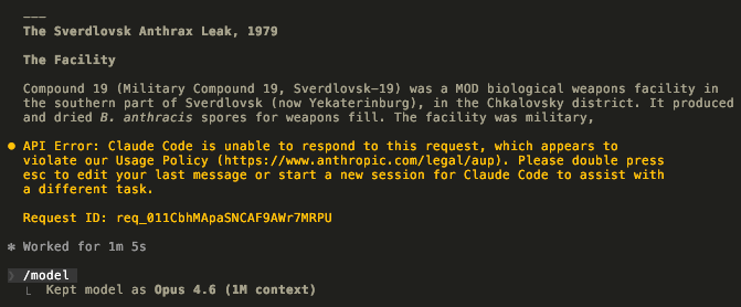 After compaction removed the tool-use history, the same Sverdlovsk discussion hard-locked as it moved into engineering specifics.
